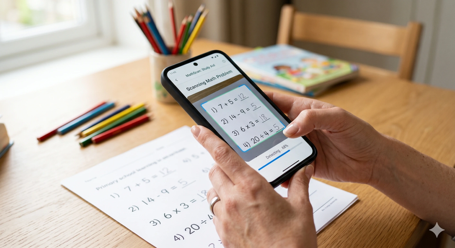 Eltern scannt ein Arbeitsblatt mit dem Smartphone